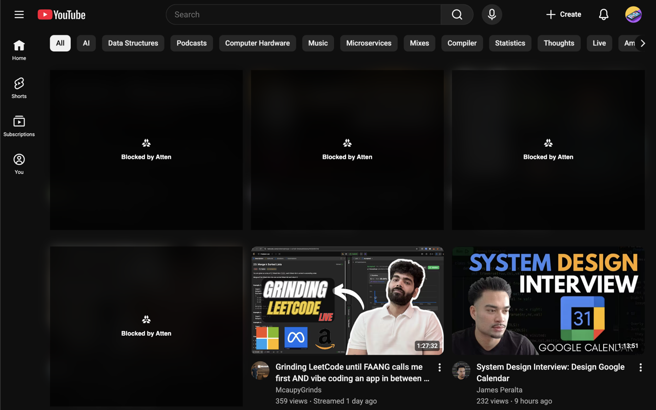 Atten filtering YouTube feed based on focus goal